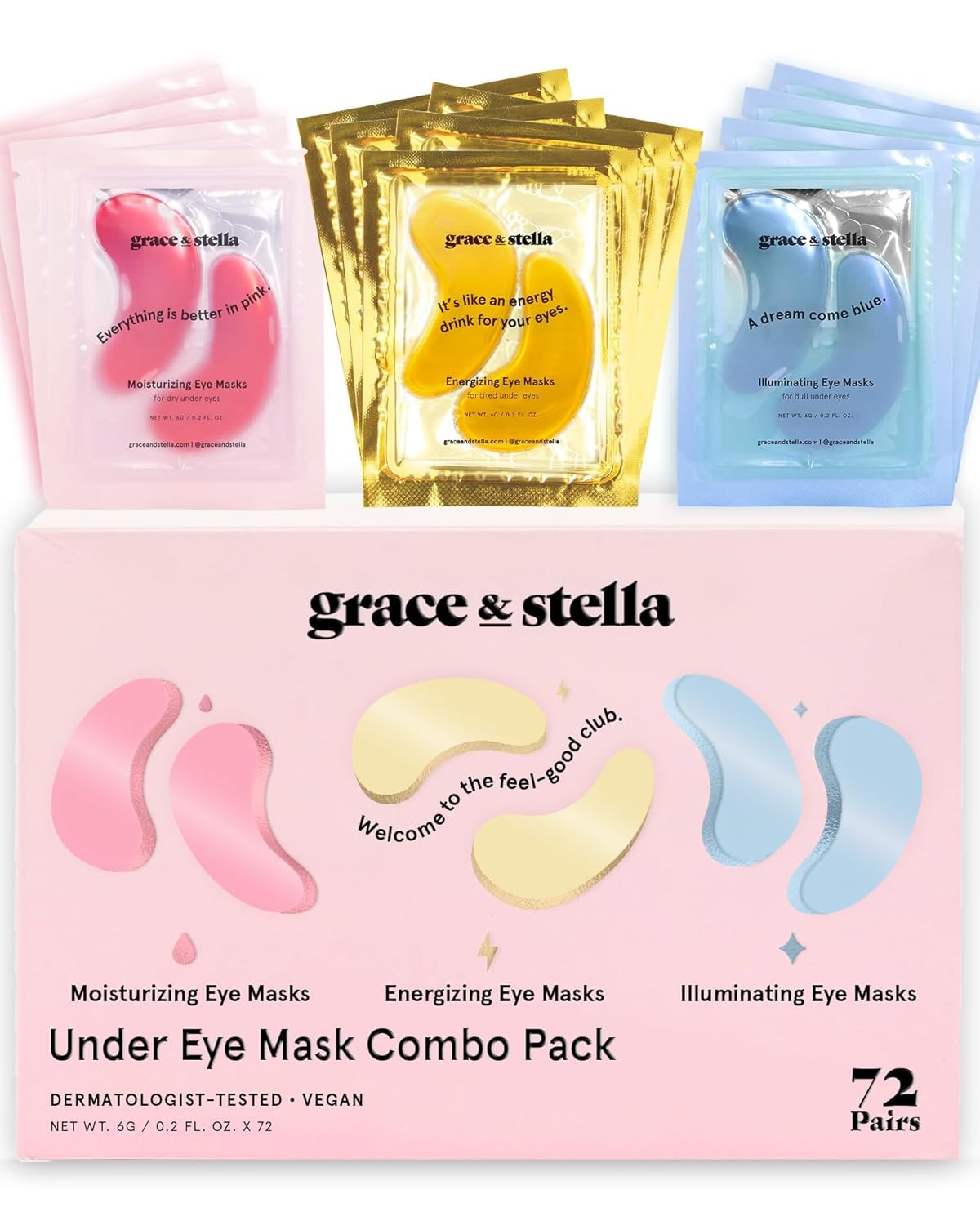 Grace & Stella Under Eye Mask - Reduce Dark Circles, Puffy Eyes, Undereye Bags & Wrinkles - Gel Under Eye Patches, Vegan & Cruelty-Free Self Care (72 Pairs, Gold Pink Blue)