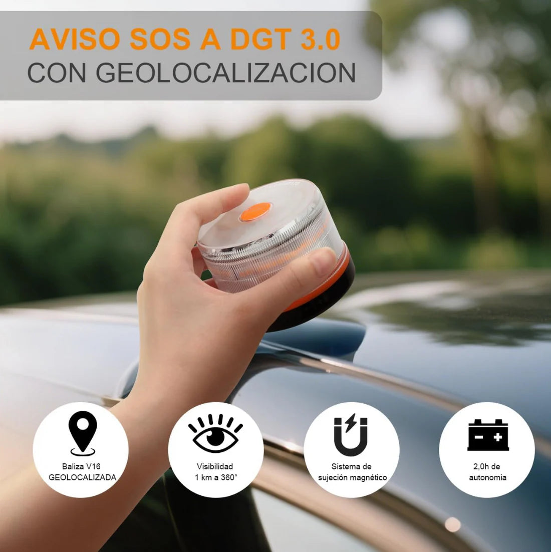 DarkFairy Luz de Emergencia V16 Aprobada por la DGT con Geolocalización 3.0 – Señalización de Ubicación para Automóviles, Plan de Datos Incluido – Base Magnética IP54 – Cumple con la Normativa 2026.